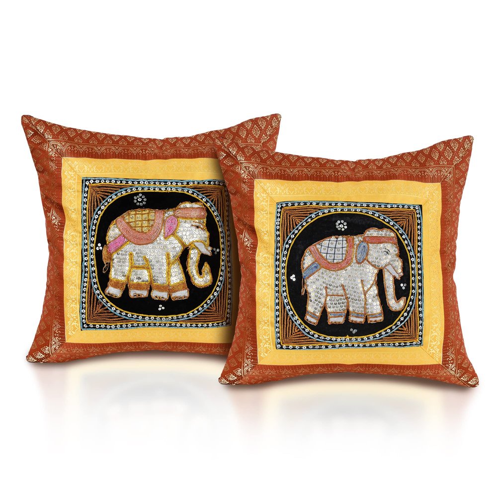 AeraVida Decorative Pink Elephant Animal Motif Sequin Accent Throw Pillow Cover Set of 2 | Elephant Set Cushion Covers | Decorative Throw Pillow Cushion Covers | Pillow Cases Standard Size