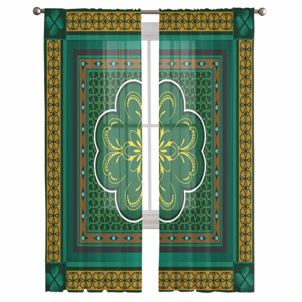 AMZRicher Irish Decor St Patrick's Day Sheer Curtains 84 Inch Length 2 Panels Set, Retro Celtic Knots Lucky Clover Semi Transparent Voile Rod Pocket Curtains for Living Dining Room Bedroom Drapes