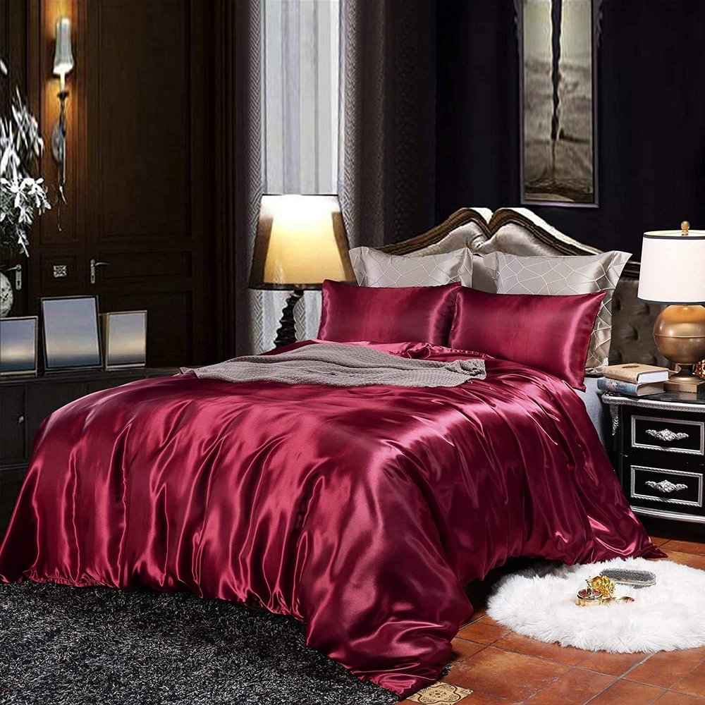 3 Piece Satin Duvet Cover Set Bedding Set s Luxury Rich Silk Super Soft Solid Color with Zipper Closure Bedding Set Queen Size 90"x 90", Burgundy Color