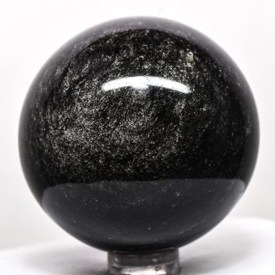 2.1" Silverish Sheen Obsidian Sphere Sparkling Natural Mineral Ball Volcanic Glass Crystal Polished Gemstone - Mexico + Stand