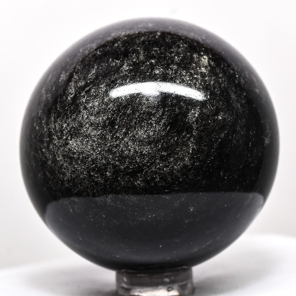 2.1" Silverish Sheen Obsidian Sphere Sparkling Natural Mineral Ball Volcanic Glass Crystal Polished Gemstone - Mexico + Stand