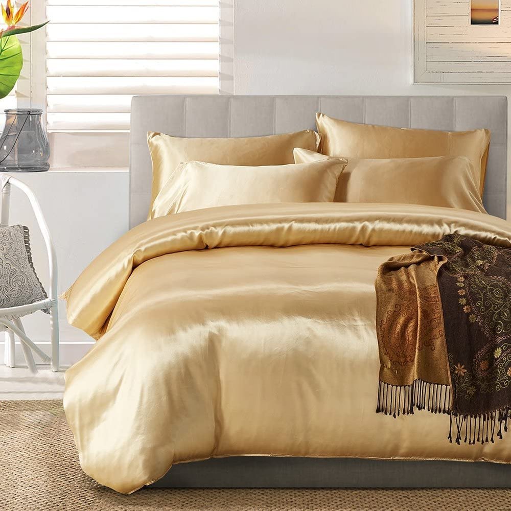 3 Piece Satin Duvet Cover Set Bedding Set s Luxury Rich Silk Super Soft Solid Color with Zipper Closure Bedding Set Twin Size 68"x 90", Gold Color