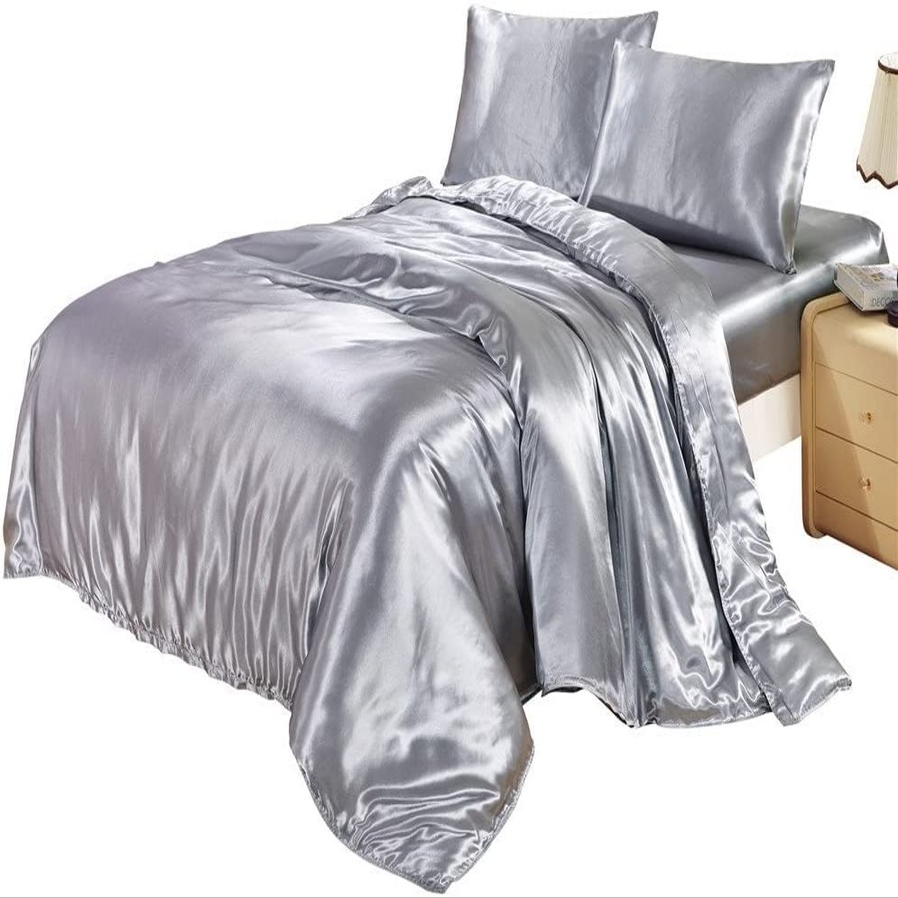 3 Piece Satin Duvet Cover Set Bedding Set s Luxury Rich Silk Super Soft Solid Color with Zipper Closure Bedding Set Queen Size 90"x 90", Silver Grey Color