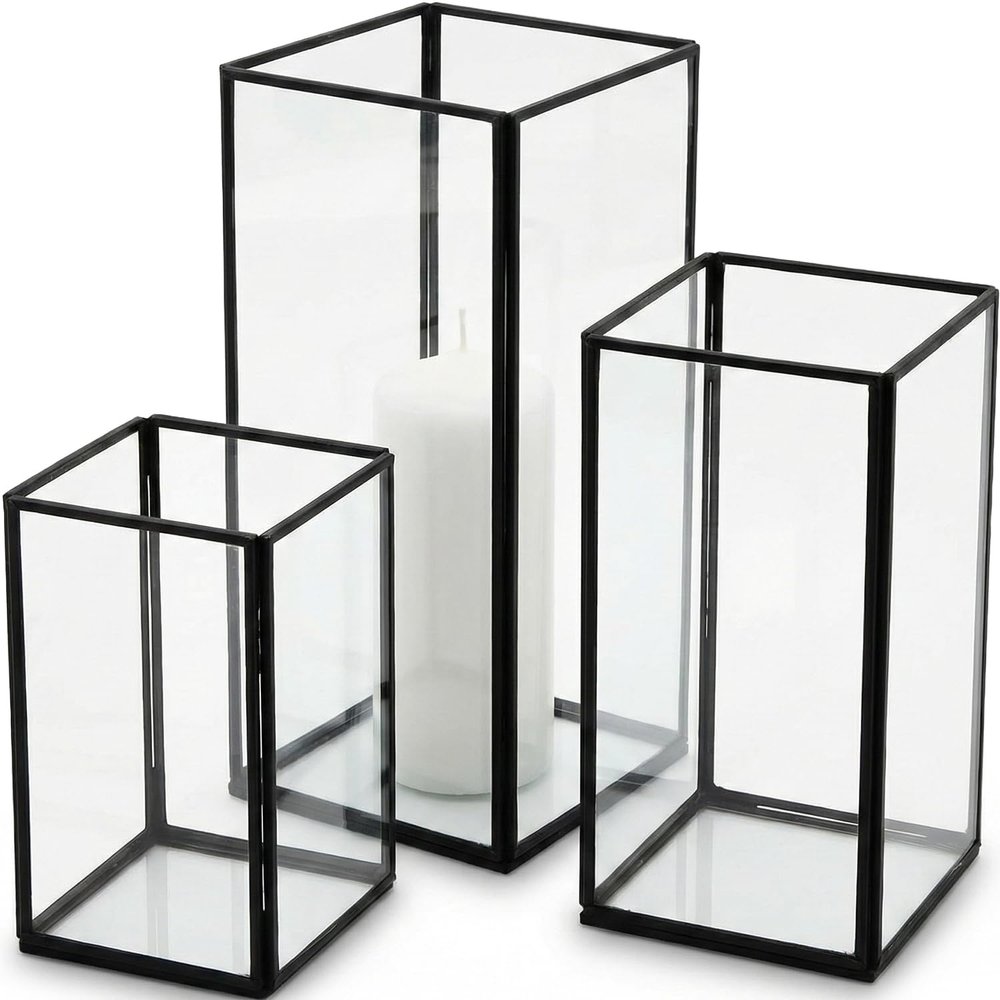Black Framed Glass Candle Holder Set, 3 Piece