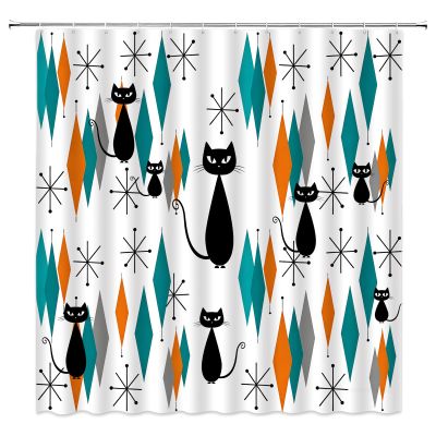 ABONAN Mid Century Black Cat Shower Curtain Atomic Cat Modern Abstract Geometric Iconic Pattern 1950s Vintage Funny Black Turquoise Fabric Bathroom Curtains Decor Set with Hook (67" Wx70 H)