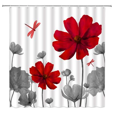 ABONAN Red Grey Flower Shower Curtain Retro Floral Dragonfly Vintage Simple Elegant Abstract Flower Fabric Bathroom Curtains Decor Set with Hook(67" Wx70 H)