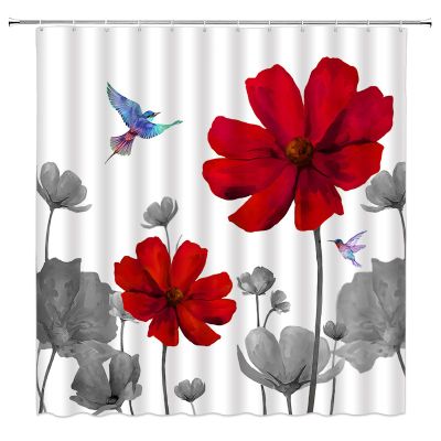 ABONAN Red Grey Flower Shower Curtain Retro Floral Hummingbird Vintage Simple Elegant Abstract Flower Fabric Bathroom Curtains Decor Set with Hook (67" Wx70 H)