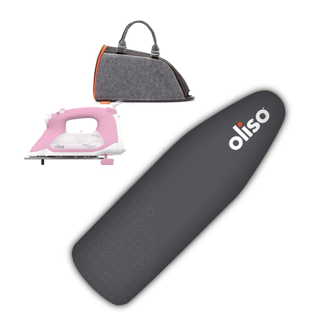 Oliso TG1600 Pro Plus 1800 Watt SmartIron with Auto Lift | Diamond Ceramic-Flow Soleplate Steam Iron (Pink) + Oliso Carry Bag for full-size irons + Ironing Board Cover (Gray)