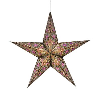 Artschatz Cathedral Paper Lantern Star Light - 5 Point  24 inch - Black/Pink with Turquoise/Violet Tissue Inlay