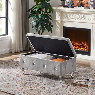 JIEJIEGAO Storage Bench, Flip Top Entryway Bench Seat with Safety Hinge, Storage Chest with Padded Seat, Bed End Stool for Hallway Living Room Bedroom, Supports 250 lb,Gray Velvet