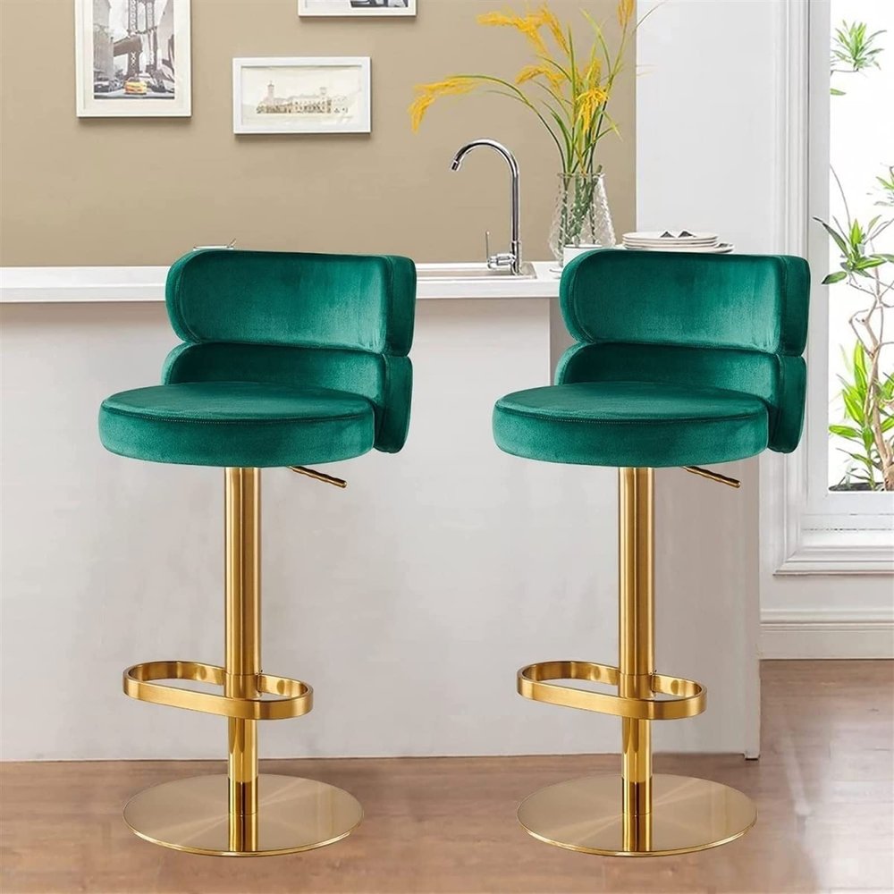 Set of 2 Green Velvet Barstools Swivel Adjustable Heigh Breakfast Bar Chair Round Upholstered Stainless Steel Titanium Gold Curved Back Strap Golden Footrest for Kitchen Counter Dining Room Office