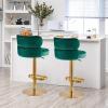 Set of 2 Green Velvet Barstools Swivel Adjustable Heigh Breakfast Bar Chair Round Upholstered Stainless Steel Titanium Gold Curved Back Strap Golden Footrest for Kitchen Counter Dining Room Office view 3