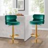 Set of 2 Green Velvet Barstools Swivel Adjustable Heigh Breakfast Bar Chair Round Upholstered Stainless Steel Titanium Gold Curved Back Strap Golden Footrest for Kitchen Counter Dining Room Office view 4