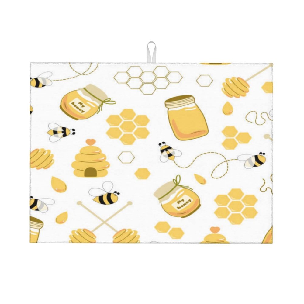 Kitchen Drying Pad Dish Draining Rack Mat Absorbent Dish Drying Mat For Kitchen Counter 18x24 Inch (Bee Cute Yellow White)