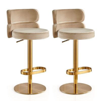 Velvet Swivel Barstools Set of 2 Round Upholstered Bar Chairs Adjustable Heigh Breakfast Stainless Steel Titanium Gold Curved Back Strap Golden Footrest for Kitchen Counter Dining Room Office ( Color