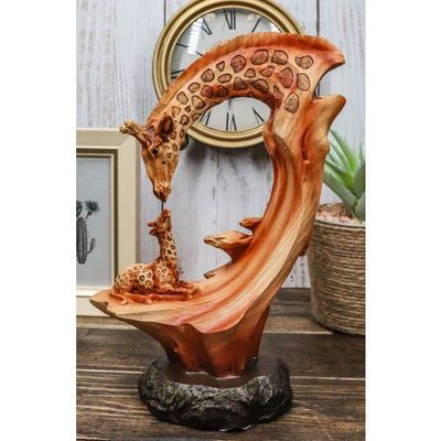 1 Pcs Of 9.5" H Wildlife Giraffe Family Scene Decorative Faux Wood Figurine