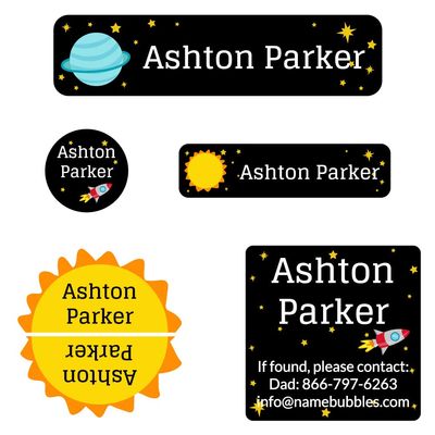 Name Bubbles - Custom Name Labels for Camp, Daycare, School (75 Labels - 5 Sizes) Waterproof Name Stickers for Clothing Tags, Water Bottles, School Supplies, Sleeping Bags, Shoes (Space)