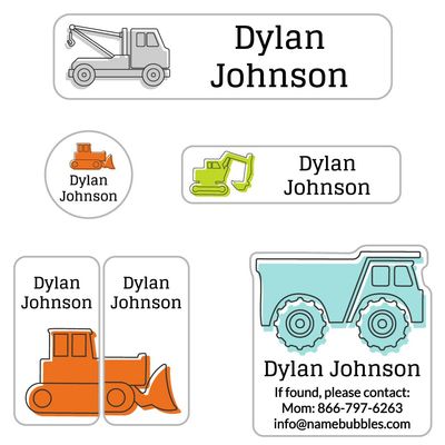 Name Bubbles - Custom Name Labels for Camp, Daycare, School (75 Labels - 5 Sizes) Waterproof Name Stickers for Clothing Tags, Water Bottles, School Supplies, Sleeping Bags, Shoes (Truck)