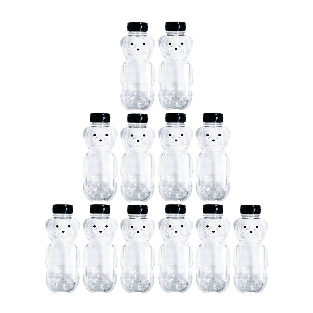 Clearview Containers - 12 Pack of 24 Ounce Honey Bears with Sealable Black Flip Top Lids (24 oz. Bear, 12pk, Black)