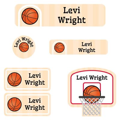 Name Bubbles - Custom Daycare Name Labels (99 Labels - 5 Sizes) Personalized Waterproof Name Stickers for Clothing Tags, Toys, Books, Water Bottles, Lunch Boxes, School, and Shoes (Basketball)