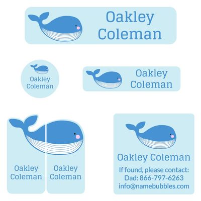 Name Bubbles - Custom Name Labels for Camp, Daycare, School (75 Labels - 5 Sizes) Waterproof Name Stickers for Clothing Tags, Water Bottles, School Supplies, Sleeping Bags, Shoes (Whale)