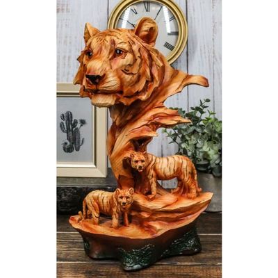 1 Pcs Large Bengal Tiger Bust Statue 11.75" Tall Faux Wood Resin Tiger Family In Jungle