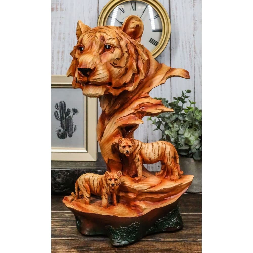 1 Pcs Large Bengal Tiger Bust Statue 11.75" Tall Faux Wood Resin Tiger Family In Jungle