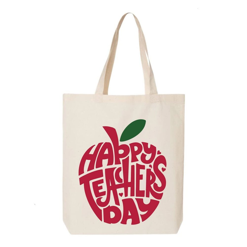 ALLDAY US Tote Bag For Women Retro Large Size Shoulder Bag, Cotton Canvas Bag, Multi-purpose Bag, Reusable Shopping Bag, Happy Teachers Natural