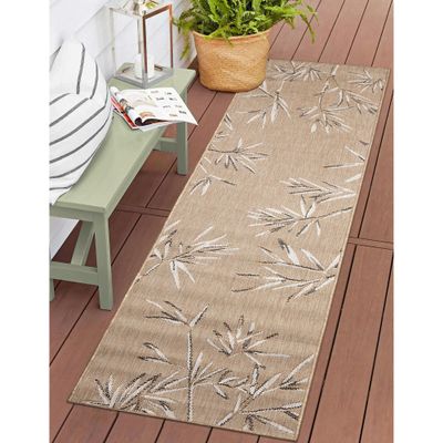 Liora Manne Carmel Indoor/Outdoor Power Loomed Synthetic Blend Low Profile Area Rug - Transitional Border Botanical Leaf Decorative (Bamboo Border Sand) (1'11" x 7'6")