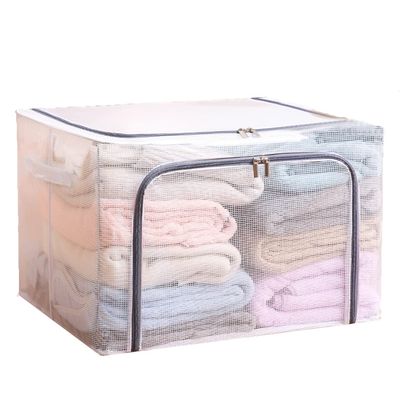 80L Large Foldable Storage Bins Organizer with Durable Handles, Metal Frame, for Clothing | Bed Sheets | Blanket | Comforters | Pillows | Toys, 3 Pack, Clear & Gray Zipper