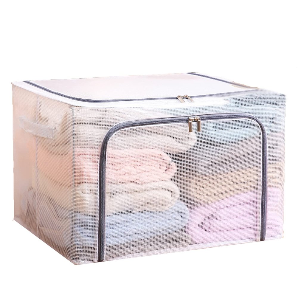 80L Large Foldable Storage Bins Organizer with Durable Handles, Metal Frame, for Clothing | Bed Sheets | Blanket | Comforters | Pillows | Toys, 3 Pack, Clear & Gray Zipper