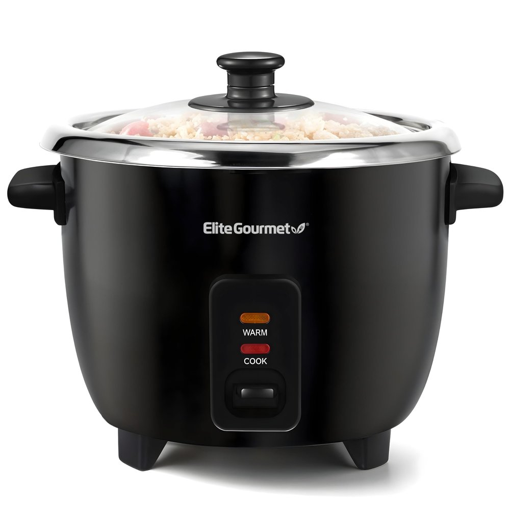 Elite Gourmet ERC006SS 6-Cup Electric Rice Cooker with Stainless Steel Inner Pot, Makes Soups, Stews, Porridges, Grains and Cereals, 6 cup (3 cups uncooked), Black