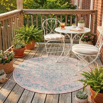 Rugs.com - Jill Zarin Outdoor Rug 3 Ft Round Pink and Aqua Indoor/Outdoor Rug Washable Medallion Design for Patios, Decks, and Porches