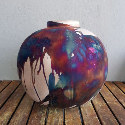 RAAQUU Large Globe XL in Half Copper Matte Art Vase (Pre-Order) - 13 inch Raku Handmade Pottery Art Centerpiece Home Decor with Serial Number