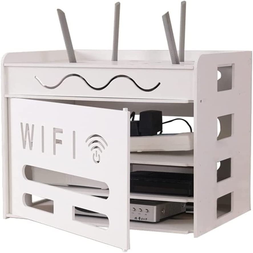 AVEEWA Wireless Router Storage Shelf Solid Wood Plastic Board Network Set Top Box Wall Mounted Router Storage Box/White/36 * 26.5 * 32.5Cm