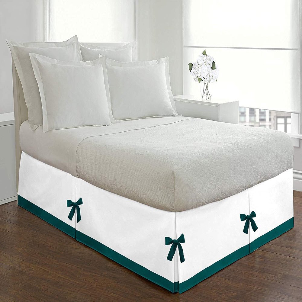 PG Beddings 1 Piece Two Tone Split Corner Tie Bed Skirt, 21 Inch Drop Length 100% Egyptian Cotton, Full Size Solid White/Teal