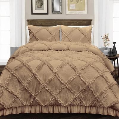 3 Piece Duvet Cover, Luxury Diamond-Ruffle Quilt Cover Set with Zipper, 100% Egyptian Cotton, Soft & Elegant 400TC Comforter Cover Set - Taupe Solid, Super King Size.