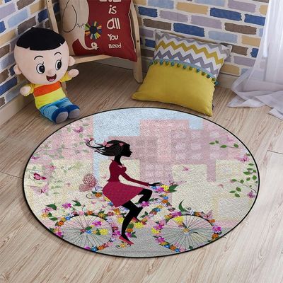 Bicycle Girl Round Rug Nursery Rug for Bedroom Playroom Non Slip Educational Playmat Round Circle Carpet Flowers Butterflies Leaves Branches Image,Multicolor Diameter 60 in