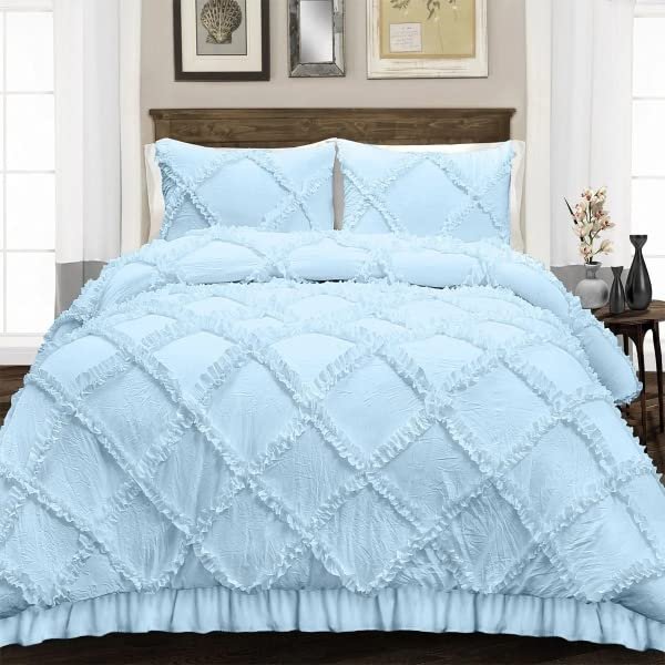 3 Piece Duvet Cover, Luxury Diamond-Ruffle Quilt Cover Set with Zipper, 100% Egyptian Cotton, Soft & Elegant 400TC Comforter Cover Set - Light Blue Solid, Super King Size.