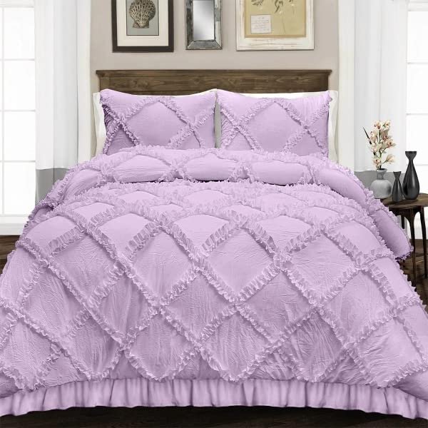 3 Piece Duvet Cover, Luxury Diamond-Ruffle Quilt Cover Set with Zipper, 100% Egyptian Cotton, Soft & Elegant 400TC Comforter Cover Set - Lavender Solid, Super King Size.