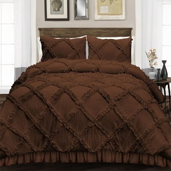5 Piece Duvet Cover, Luxury Diamond-Ruffle Quilt Cover Set with Zipper, 100% Egyptian Cotton, Soft & Elegant 400TC Comforter Cover Set - Chocolate Solid, Superking Plus Size.