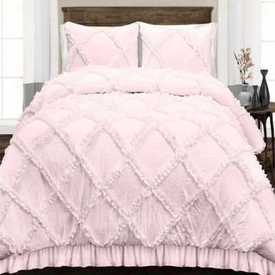 3 Piece Duvet Cover, Luxury Diamond-Ruffle Quilt Cover Set with Zipper, 100% Egyptian Cotton, Soft & Elegant 400TC Comforter Cover Set - Pink Solid, King Size.