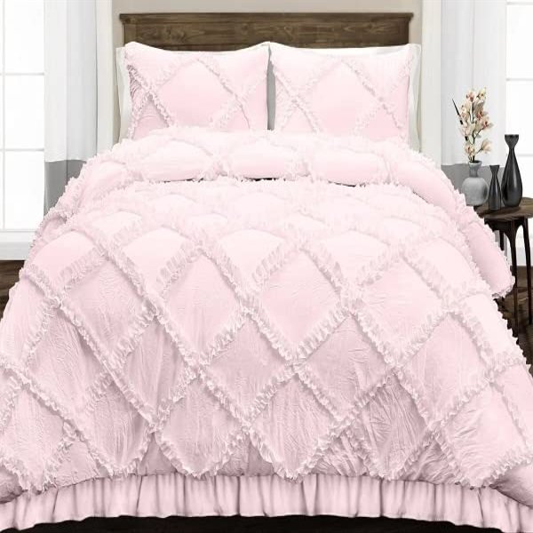 3 Piece Duvet Cover, Luxury Diamond-Ruffle Quilt Cover Set with Zipper, 100% Egyptian Cotton, Soft & Elegant 400TC Comforter Cover Set - Pink Solid, King Size.