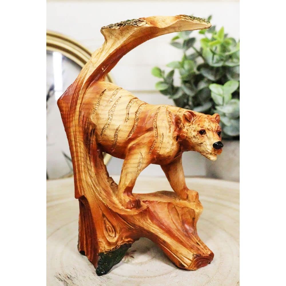 1 Pcs Rainforest Prowling Tiger Faux Wood Cutout Carving Resin Figurine 5" Tall