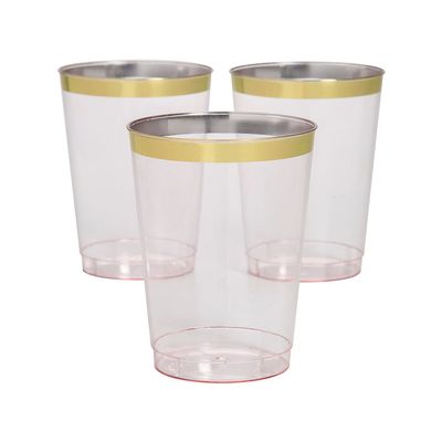 Fun Express 25 Pieces Premium Blush Cups with Gold Trim, Holds 10 oz, BPA Free Plastic, Wedding Party Supplies, Light Pink