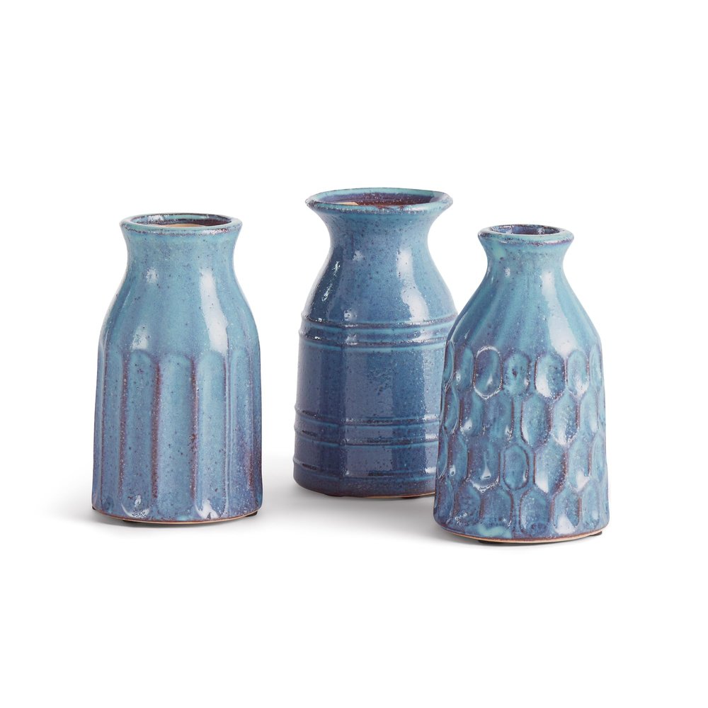 Napa Home & Garden - Set of 3 Blue Ceramic Plant Pots - Textured Design
