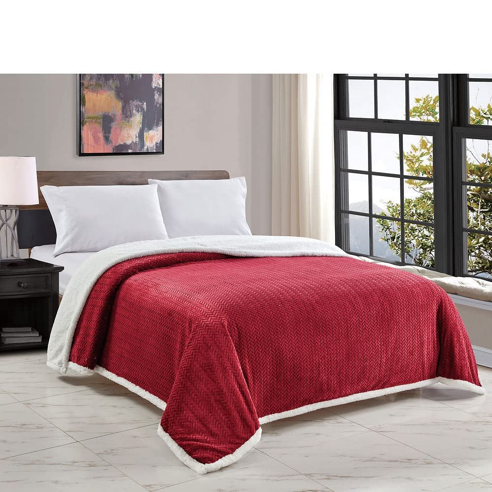 Jacquard Sherpa Microplush Soft Premium Microplush, Braided Oversized All Season Blanket, King, Burgundy