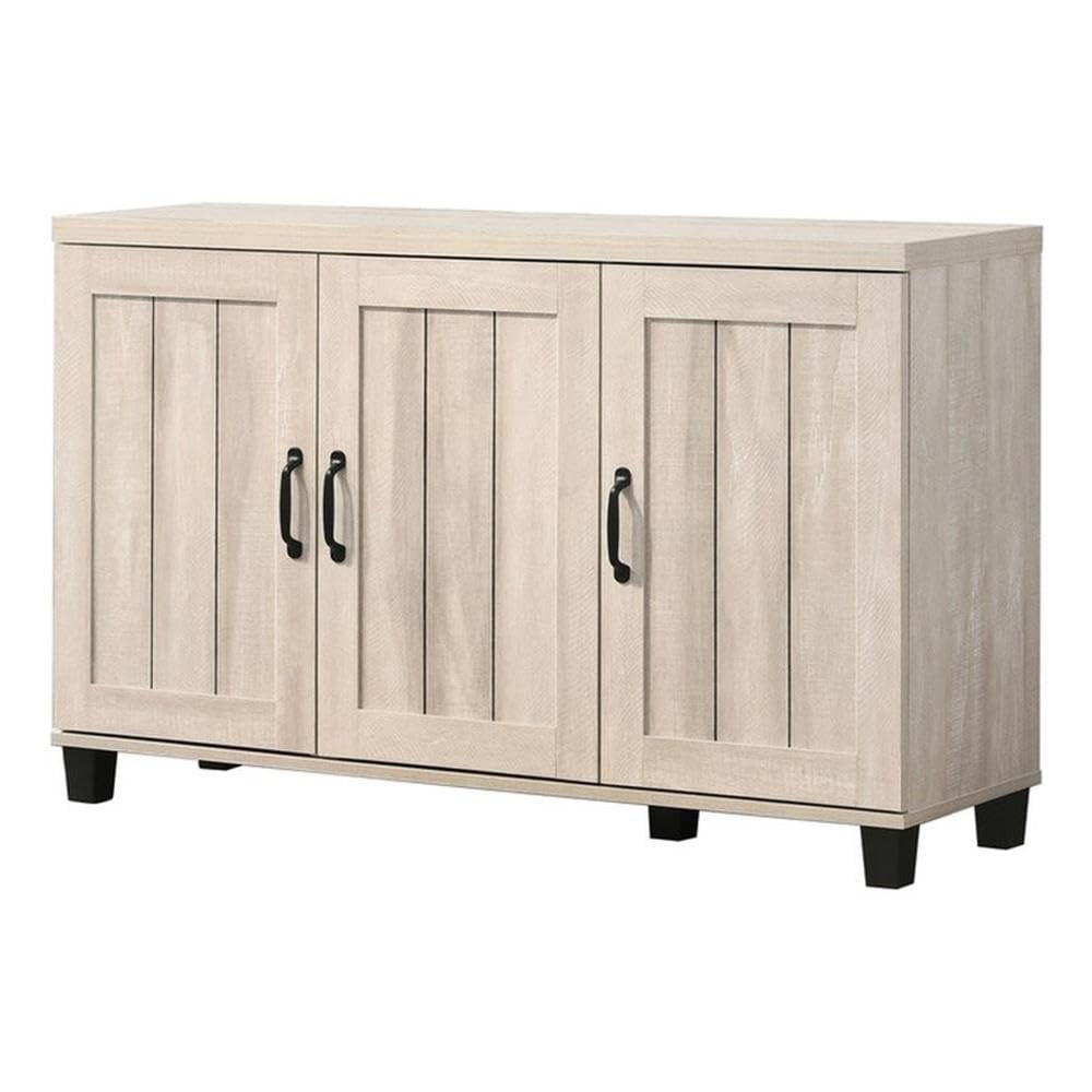 Lilola Home Corby 45" W Dusty Gray Oak Finish 3-Door Shoe Cabinet  Modern Entryway Organizer with Adjustable Shelves and Slatted Doors for Compact Storage