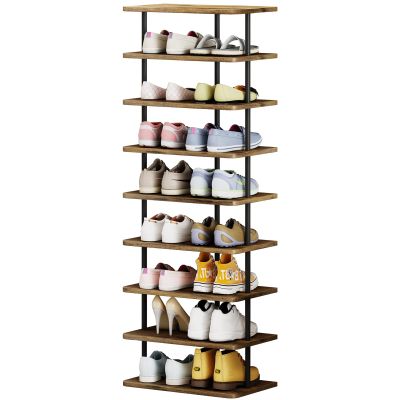 AZERPIAN Shoe Rack 9 Tier Vertical Storage Organizer Double Row Narrow Metal Slim Shelf Modern Free Standing Shoe Tower Saving Space for Closet Entryway Bedroom,Black+Rustic Brown