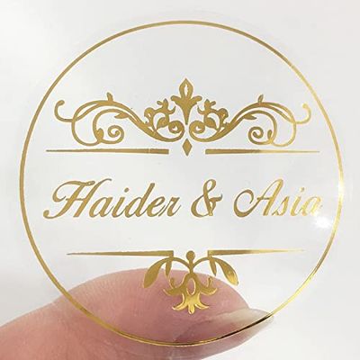 100pcs/Lot Custom Gold Foil Stickers Wedding Favor Stickers Gold Foil Custom Stickers Custom Gold Foiled Clear Stickers (C,3cm)